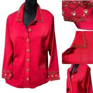 Carol Patterson Knits Women’s Embellished Linen Blend Red. Vintage Cardigan. MED